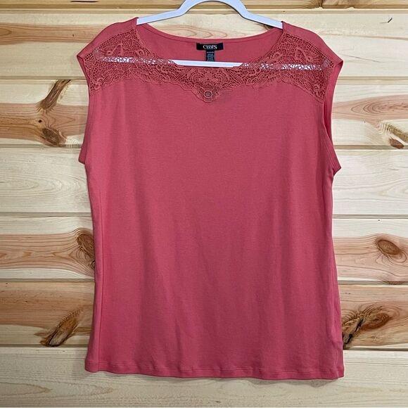 Chaps Spring Ave Salmon Cap Sleeve Tee Top with Lace Trim at Neck Size 1X New - Picture 1 of 3